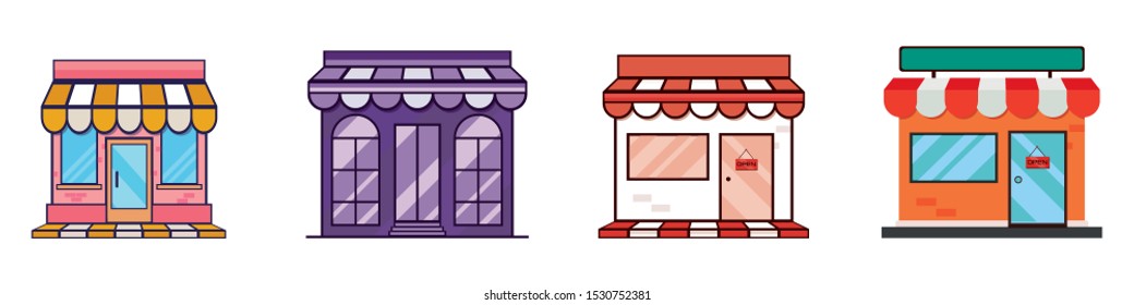 Bazaar.Small business icon.Shops and stores icons set in flat design style. Fast food, shop book, bar and coffe. Vector illustration