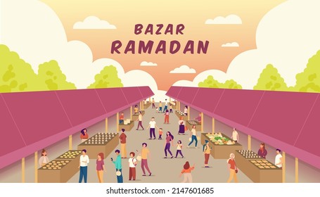 Bazar ramadan with various people buying food in the evening. Bazar means food stalls.