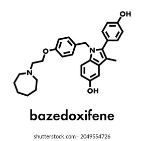 Bazedoxifene postmenopausal osteoporosis prevention drug molecule. Selective estrogen receptor modulator (SERM). Skeletal formula.