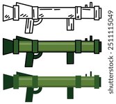Bazooka gun. Rocket rpg launcher. War and battle element. Explosive missile handgun. Army anti tank bazooka equipment. Flat grenade military firearm. Cannon or rifle weapon
