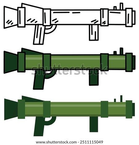 Bazooka gun. Rocket rpg launcher. War and battle element. Explosive missile handgun. Army anti tank bazooka equipment. Flat grenade military firearm. Cannon or rifle weapon