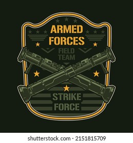 Bazooka weapon vintage colorful element crossed anti-tank rocket launchers armed strike forces military guns american infantry vector illustration
