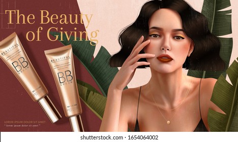 BB cream ads with brunette woman who wears spaghetti strap dress in 3d illustration