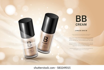 BB cream ads, two glass bottles with cosmetic base and silk texture floating on the background in 3d illustration