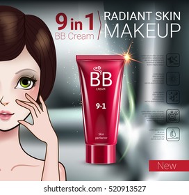 B.B. cream ads. Vector Illustration with Manga style girl and makeup foundation tube.