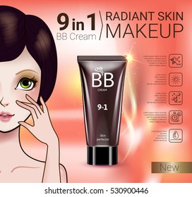 B.B. cream ads. Vector Illustration with Manga style girl and makeup foundation tube.