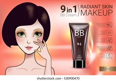 B.B. cream ads. Vector Illustration with Manga style girl and makeup foundation tube.