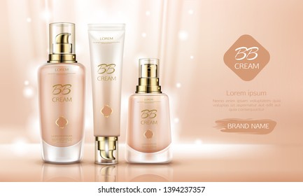 Bb cream beauty cosmetics bottles mockup for skin foundation. Make up cosmetic product line tubes packaging set, promo background design, advertising poster. Realistic 3d vector illustration, banner.