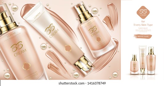 Bb cream beauty cosmetics and smears for skin foundation. Bottles packaging mockup, make up cosmetic product line, promo background design, advertising poster. Realistic 3d vector illustration, banner