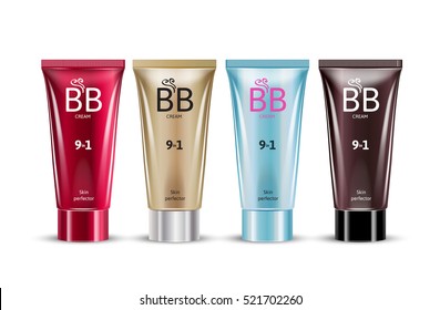 B.B. cream in different color of packages. Vector illustration of realistic packages of makeup foundation tubes.