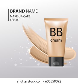 BB Cream plastic tube Template. Makeup mockup for ads or magazine whith liquid foundation on glitter sparkle background. 3D Realistic Vector Iillustration. EPS10