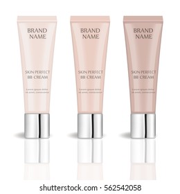 Paquete realista en color crema BB, con diferentes tonos, aislado sobre fondo blanco. Productos cosméticos de tres dimensiones. Ilustración del vector