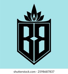 BB Logo featuring a minimalist design with a crown-like flower symbol on top, bold black elements, and a soft blue background, perfect for branding and modern visual identity.