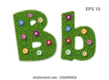 Bb - lowercase and capital letters of the alphabet with grass texture. A collection of symbols. Moorish lawn with flowers. Isolated on white background. Vector illustration