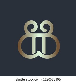 BB monogram logo.Elegant style typographic icon.Lettering sign.Alphabet initials in gold metallic color isolated on dark background.Uppercase luxury letter b.Beauty,boutique,wedding characters.