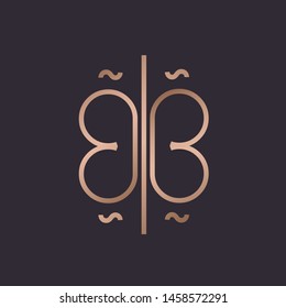 BB monogram logo.Typographic decorative icon with double letter b.Uppercase initials.Thin lines lettering sign.Butterfly shape in rose gold metal color isolated on dark fund.Beauty, luxury spa style.