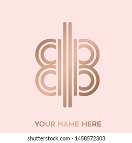 BB monogram logo.Typographic decorative icon with double letter b.Uppercase initials.Lettering sign.Abstract shape in rose gold metal color isolated on light background.Beauty, luxury spa style.