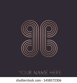 BB monogram logo.Typographic decorative icon with double letter b.Uppercase initials.Thin lines lettering sign.Abstract shape in rose gold metal color isolated on dark fund.Beauty, luxury spa style.