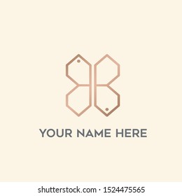 BB monogram logo.Typographic icon with uppercase letter b in butterfly shape.Lettering sign in rose gold metallic color isolated on light background.Alphabet initials.Beauty, luxury boutique style.