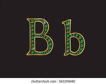 Bb in stunning emerald precious round jewels set into a 2-level gold gradient channel setting, isolated on black. Vector EPS-10 file, transparency used. 