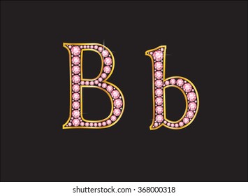Bb in stunning rose quartz semi-precious round jewels set into a 2-level gold gradient channel setting, isolated on black. Vector EPS-10 file, transparency used. 