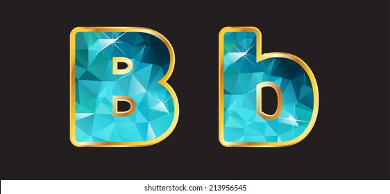 Bb in this series of letters made from 2 channels of gradient gold and a multi-layered teal aquamarine sparkling faceted interior. Vector EPS-10 file, transparency used.