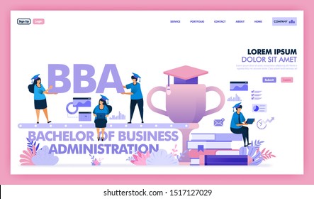 BBA or bachelor of business administration is a university program for business and economics, people learn to get a degree master of business administration or MBA. Flat illustration vector design.