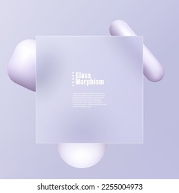 Borde de formas geométricas tridimensionales con un plato cuadrado de glasmorfismo en el centro. Resumen del fondo vectorial.