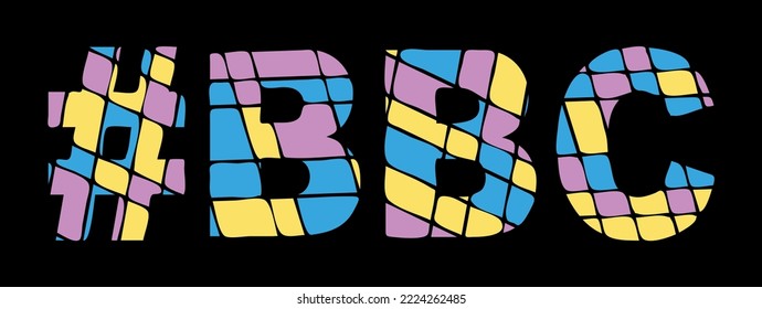 BBC Hashtag. Tricolor isolated letters from contrast flowing fluid shapes. Popular Hashtag #BBC for social networks, adult web resources, mobile applications, games, t-shirts. Stock vector picture.