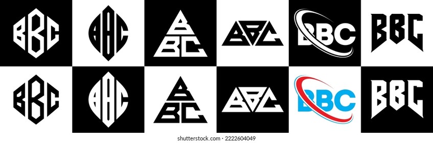BBC letter logo design in six style. BBC polygon, circle, triangle, hexagon, flat and simple style with black and white color variation letter logo set in one artboard. BBC minimalist and classic logo
