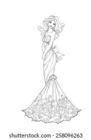 BBeautiful bride in vector sketch. Retro vintage wedding dress design.