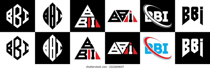 Diseño del logotipo de letras BBI en seis estilos. polígono BBI, círculo, triángulo, hexágono, estilo plano y simple con el logotipo de la letra de variación en color blanco y negro fijado en un tablero. Logo de BBI minimalista y clásico