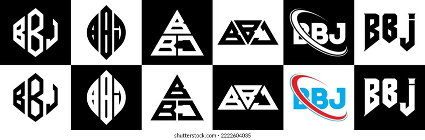 BBJ letter logo design in six style. BBJ polygon, circle, triangle, hexagon, flat and simple style with black and white color variation letter logo set in one artboard. BBJ minimalist and classic logo