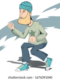 Bboy in a blue hat performing break dance on white background with gray graffiti pattern.