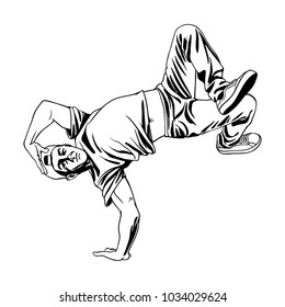 B-boy dancer character in dynamic pose. Hand drawn lineart vector illustration. Hip hop dance. Can be used for creating logo, posters, flyers, emblem, prints, web and other crafts