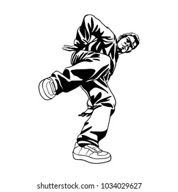 B-boy dancer character in dynamic pose. Hand drawn lineart vector illustration. Hip hop dance. Can be used for creating logo, posters, flyers, emblem, prints, web and other crafts