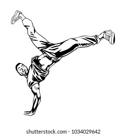 B-boy dancer character in dynamic pose. Hand drawn lineart vector illustration. Hip hop dance. Can be used for creating logo, posters, flyers, emblem, prints, web and other crafts