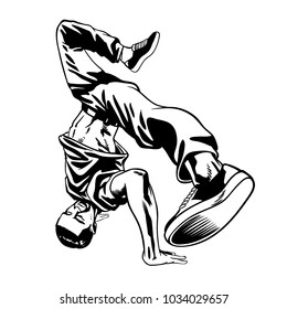 B-boy dancer character in dynamic pose. Hand drawn lineart vector illustration. Hip hop dance. Can be used for creating logo, posters, flyers, emblem, prints, web and other crafts