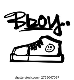 "BBOY" text with sneaker shoe graffiti. Urban street art style hand drawn illustration for breakdance branding, hip hop posters, and trendy streetwear design.