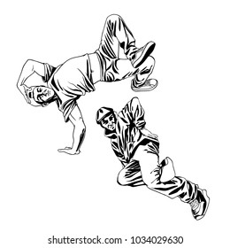 B-boys dancers characters set in dynamic poses. Hand drawn lineart vector illustration. Hip hop dance. Can be used for creating logo, posters, flyers, emblem, prints, web and other crafts