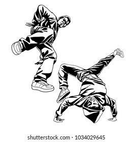 Los bailarines B-boys son personajes ambientados en poses dinámicas. Ilustración del vector lineal dibujada a mano. Baile de hip hop. Se puede utilizar para crear logotipos, carteles, volantes, emblemas, impresiones, web y otras artesanías