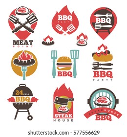 BBQ 24 Stickers Logos Set Isolated Signs Collection On White. Vector Poster Of Barbecue Preparing Process On Grill, Hotdog And Hamburger With Fork And Kitchen Scoop, Meat With Kitchen Utensils.