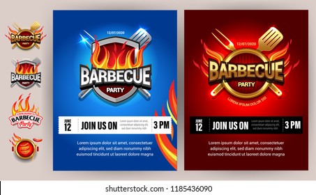 BBQ 2colorful poster template designs , party design, invitation, ad design. Barbecue logo. BBQ template menu design. Barbecue Food flyer. Barbecue advertisement.