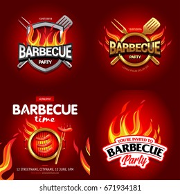 BBQ 4 Colorful Poster Designs, Party Design, Invitation, Ad Design. Barbecue Logo. BBQ Template Menu Design. Barbecue Food Flyer. Barbecue Advertisement.