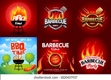 BBQ 6 colorful poster designs, party design, invitation, ad design. Barbecue logo. BBQ template menu design. Barbecue Food flyer. Barbecue advertisement.