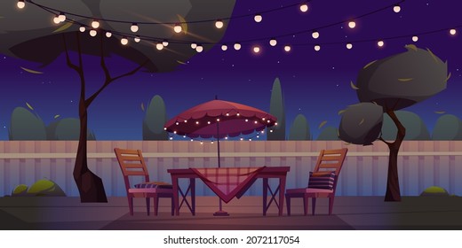 BBQ area at night backyard with table with chequered tablecloth, chairs and umbrella decorated with light garland, picnic barbecue zone on wooden terrace on summer lawn, Cartoon vector illustration