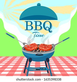 BBQ background with barbecue and grilled steaks. Picnic concept. Vector illustration.