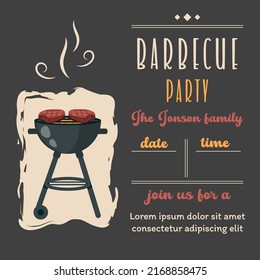 Bbq background with brazier, grill, steaks, meat food. BBQ invite template in retro style. Barbecue party invitation. Summer barbecue picnic. Vector cartoon vintage illustration	