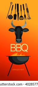 bbq background with cow head and brazier.