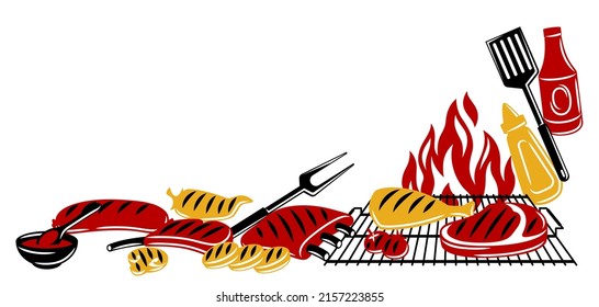 Bbq background with grill objects and icons. Stylized kitchen and restaurant items.